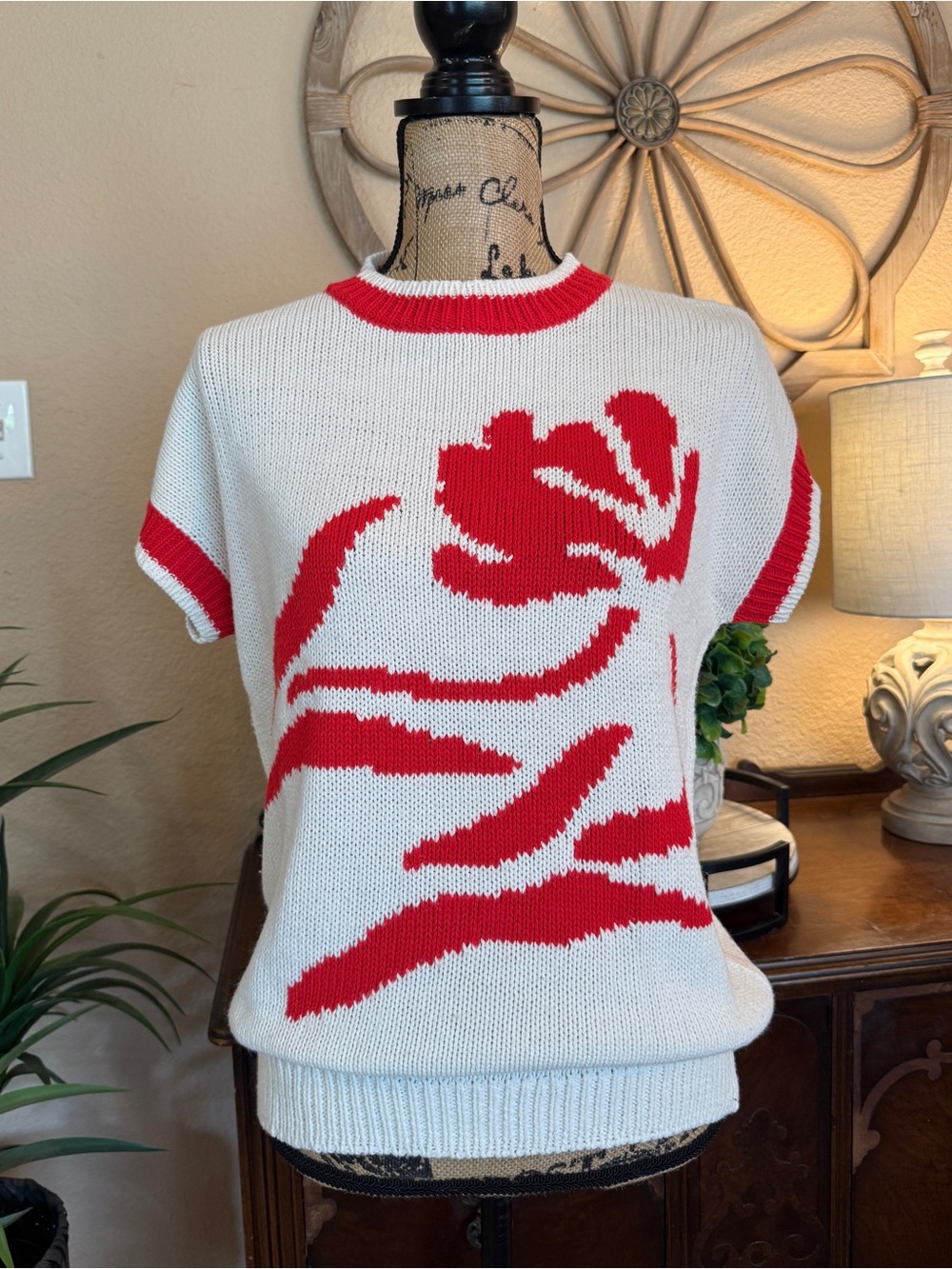 Dilly of California Vintage Short Sleeve White Knit Sweater with Red Floral